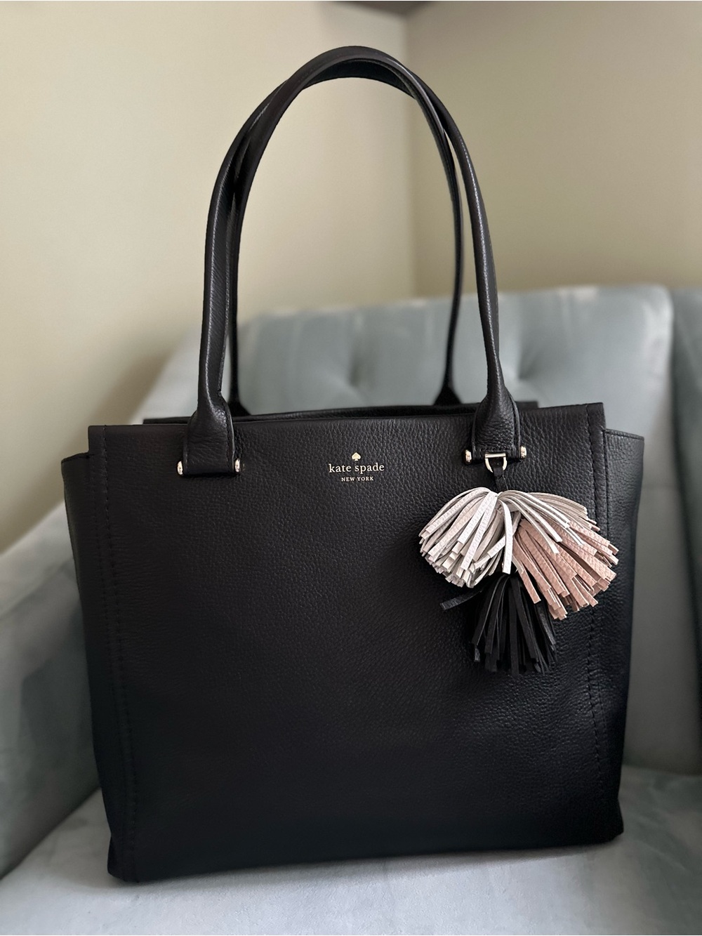 kate spade Black Leather Tote with Multi-Tassel Charm